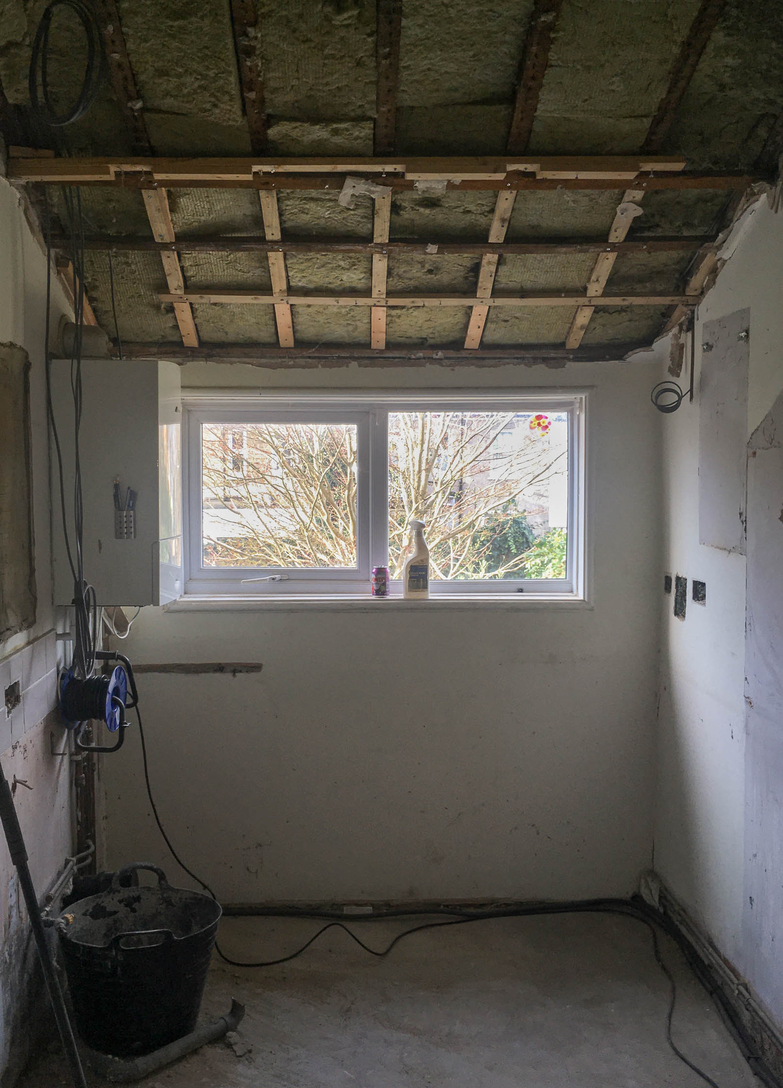 Former galley kitchen with exposed pitch roof for bathroom utility