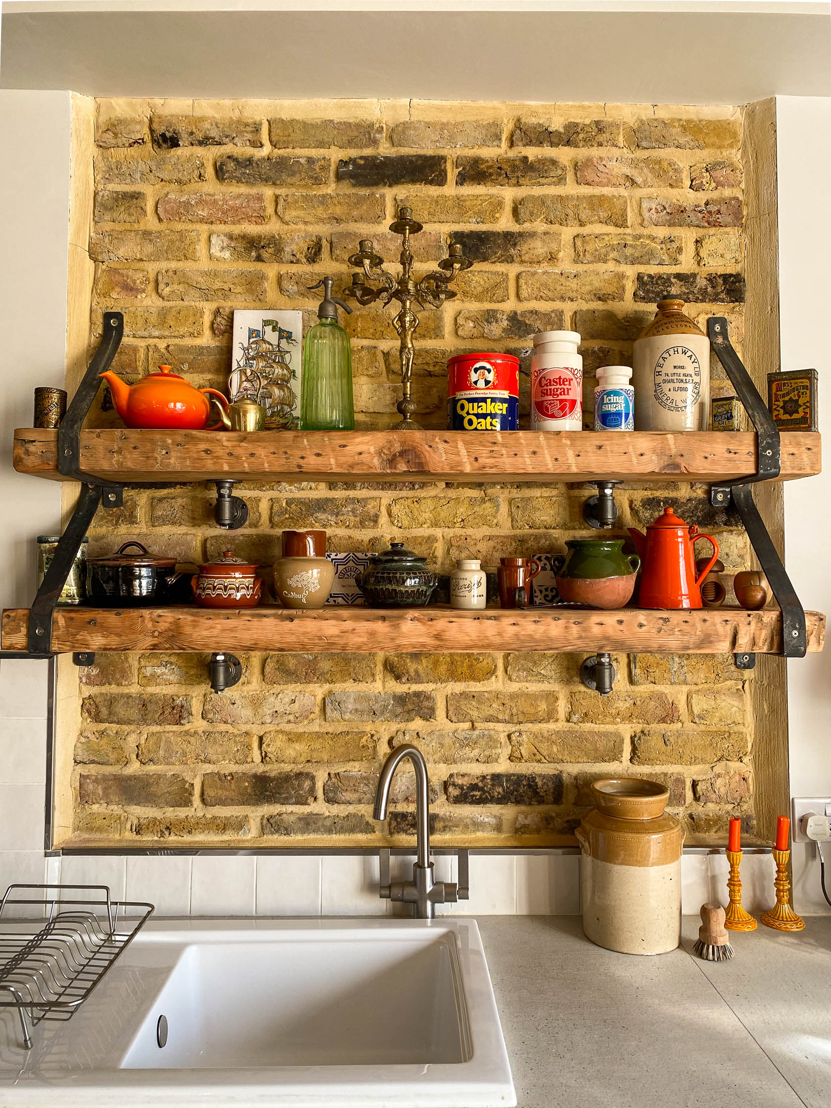 Kitchen sink chimney stack exposed brick & wooden shelf detail